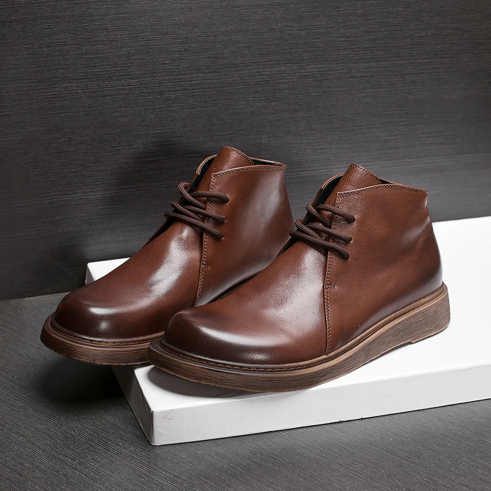 厚底工装靴男牛皮时尚中帮大头靴时尚系带马丁靴秋冬青年复古短靴
