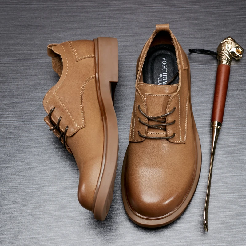 男鞋秋季真皮系带透气商务鞋青年圆头潮流皮鞋时尚百搭休闲鞋子