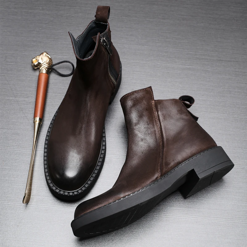 高帮靴子男复古平底拉链马丁靴休闲户外潮流切尔西靴圆头百搭皮靴