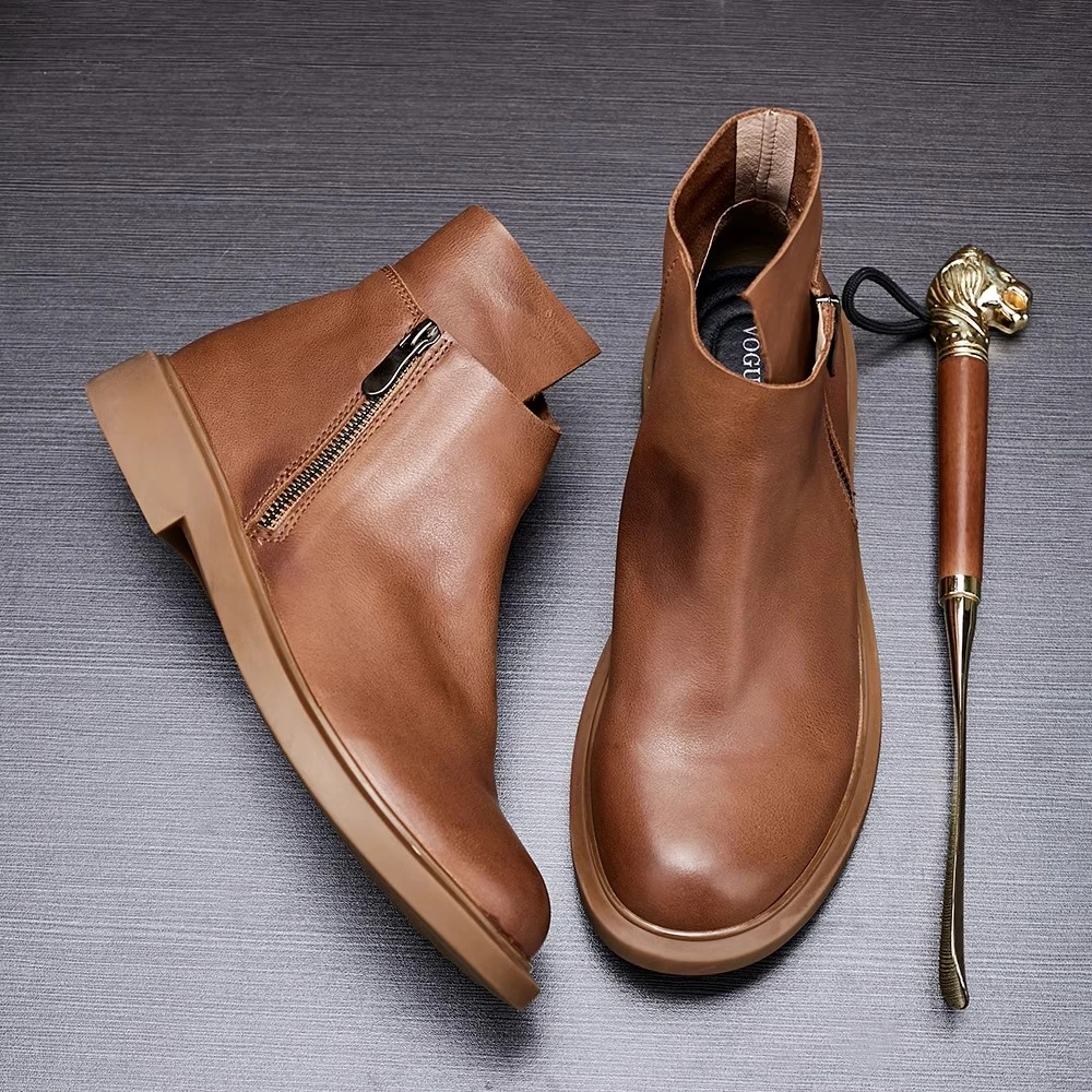 真皮马丁靴男秋冬平底中帮男靴时尚拉链加绒保暖靴子休闲圆头短靴