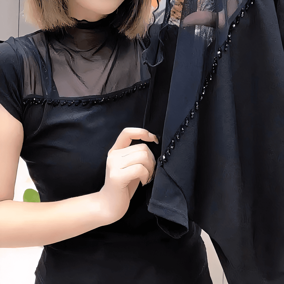 气质蕾丝黑色短袖t恤女夏新款钉珠微透洋气内搭显瘦打底衫女7133