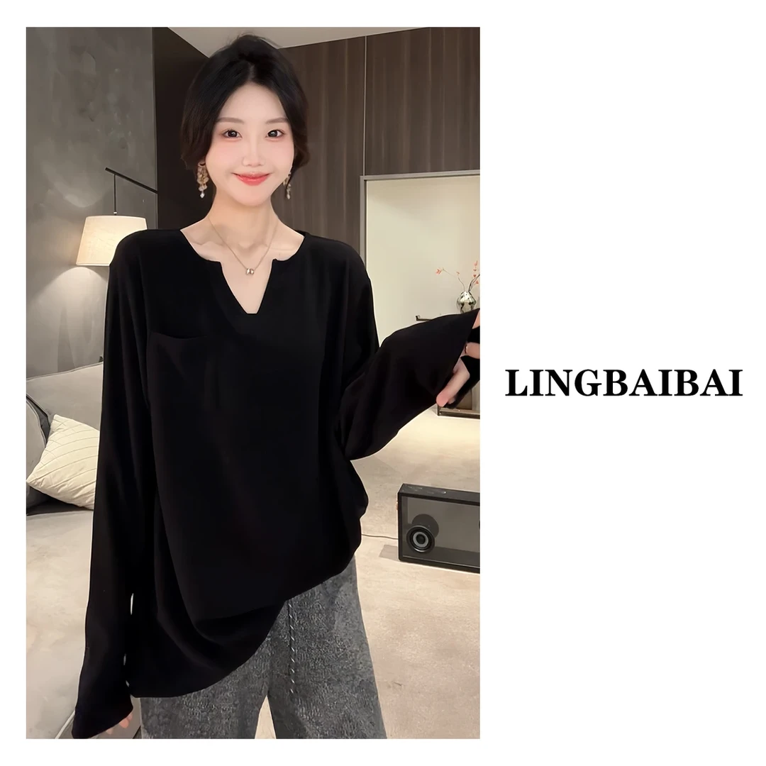 【小v领口袋】2024休闲新款小众设计感气质秋冬长袖打底衫保暖加绒