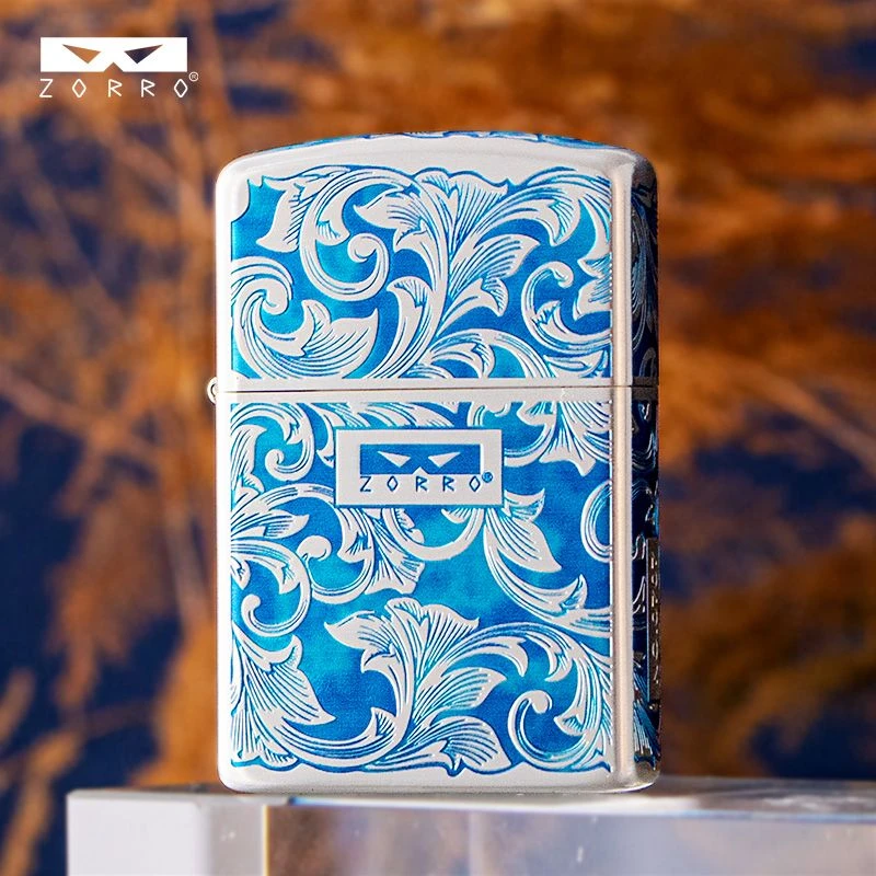 银蓝唐草蚀刻填漆二代ZORRO佐罗煤油打火机银蓝个性高颜值男礼物