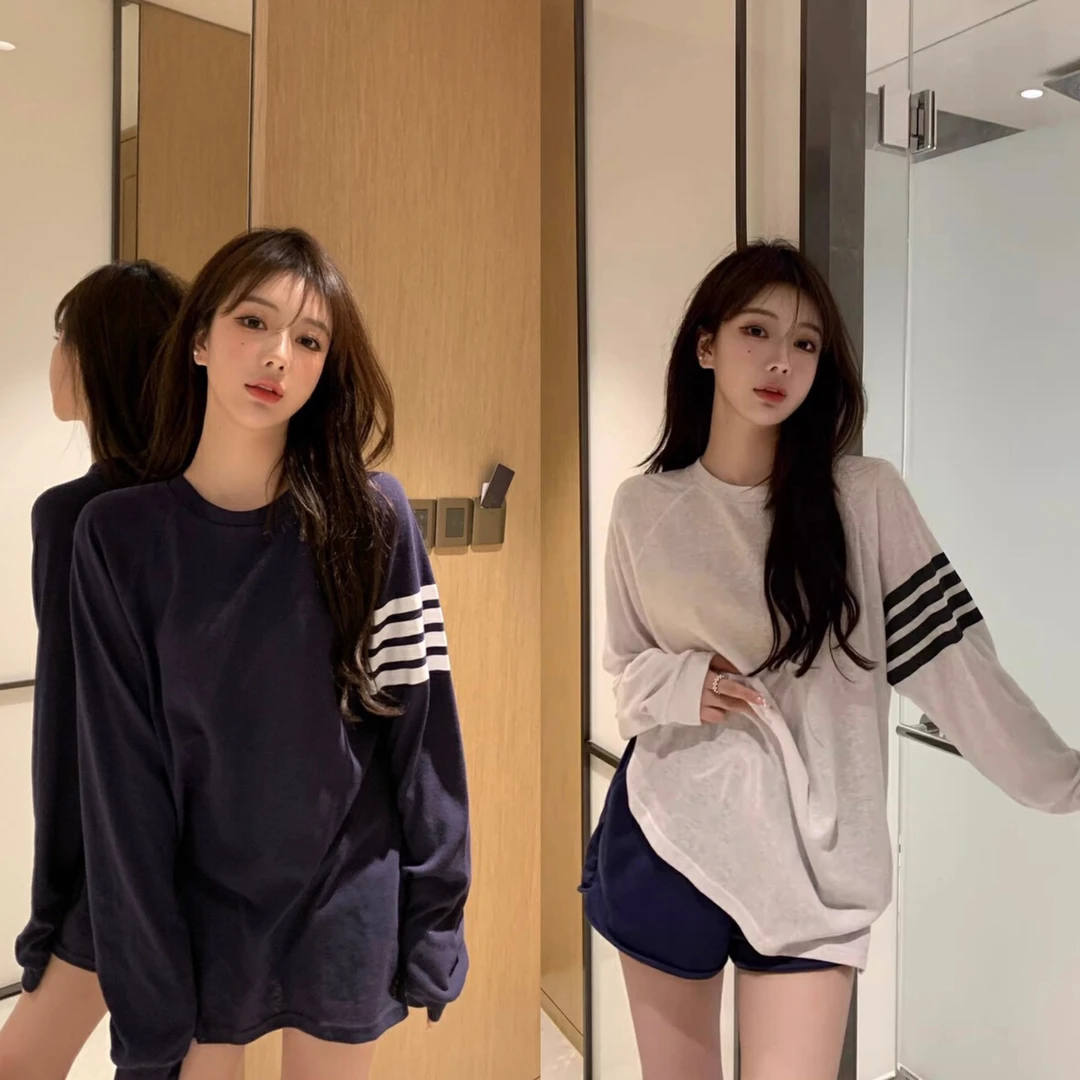 美树 62086 秋季新款防晒条纹穿搭长款罩衫上衣长袖T恤