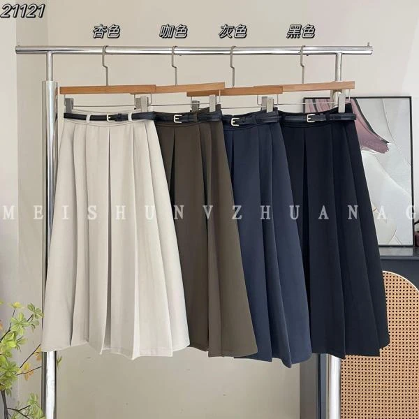 美树 21121 韩版高腰垂感百褶半身裙(配腰带)