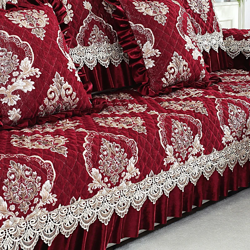 （纤尘）喜庆红色过年沙发垫四季通用欧式高档套罩盖布雪尼尔防滑