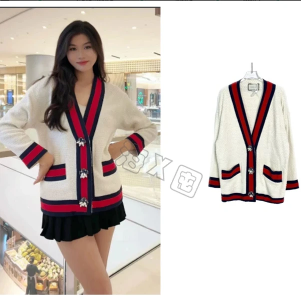 海囤/Gucci  蜜蜂钉珠条纹织带饰边针织开衫外套 42码 /nw44488
