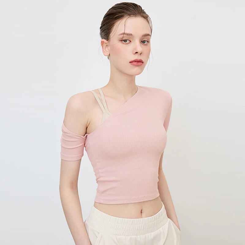 斜肩夏季新款网红lulu瑜伽服短袖露肩紧身运动上衣螺纹韩版跳舞服