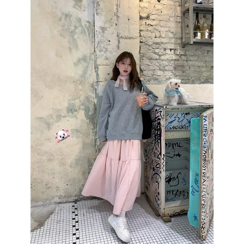 UKMFX2024秋冬新款灰色露肩卫衣搭配粉色蛋糕裙韩系女装套装百搭