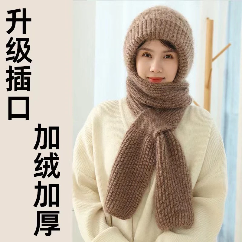升级帽子秋冬加绒加厚围巾一体保暖女毛线帽骑车风雪帽针织百搭