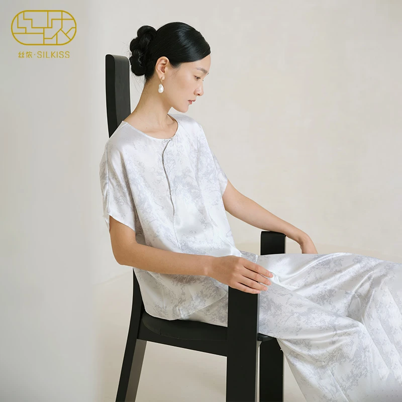 SILKISS/丝侬真丝睡衣女款套装短袖长裤丝绸国风盘扣桑蚕丝家居服