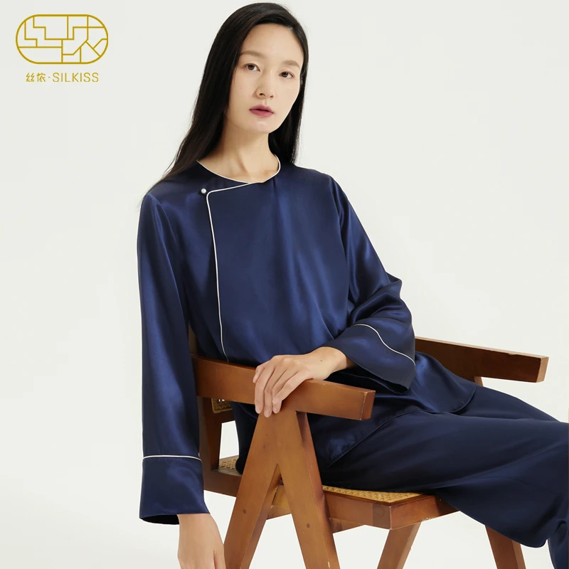 中国风真丝睡衣女套装珍珠扣气质复古丝绸桑蚕丝家居服两件套