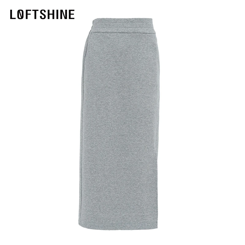 LOFTSHINE珞炫女2024夏季高腰显瘦百搭里约假日灰色闪钻开叉半裙