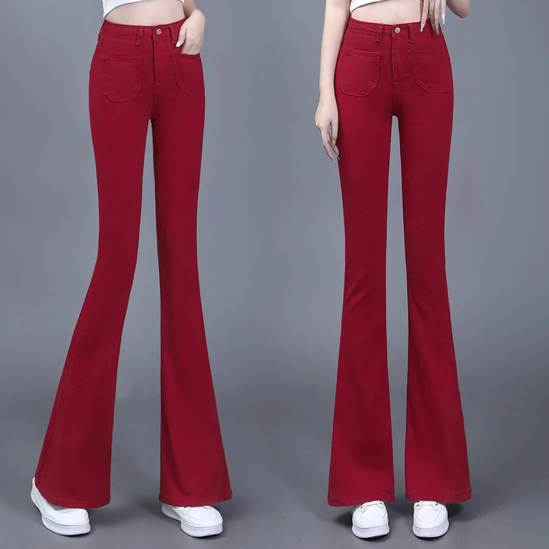 枣红色高腰微喇牛仔裤女2024新款春夏秋美式喇叭裤=1根花某子