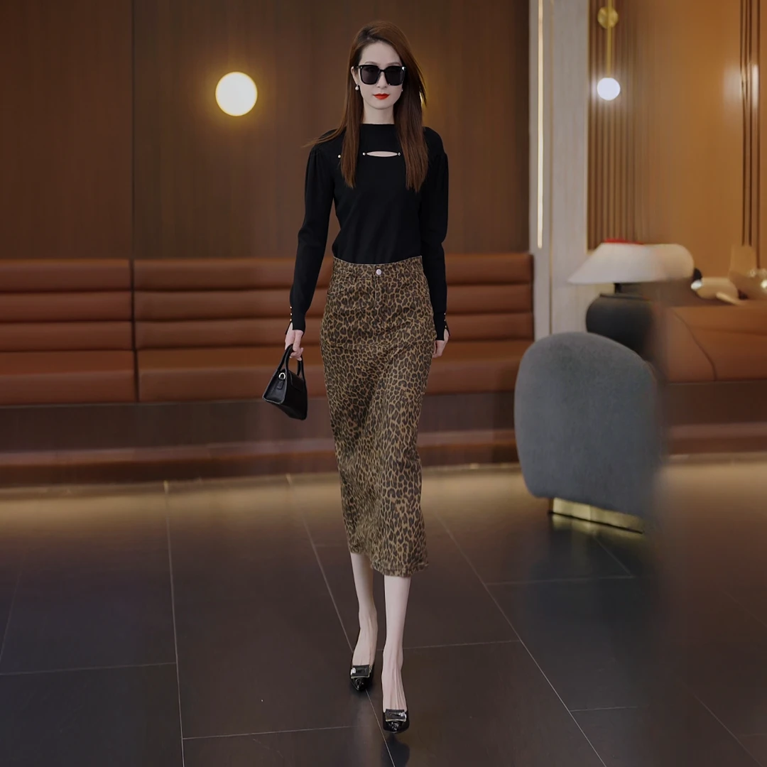 豹纹牛仔a字半身裙女2025秋季新款美式复古时尚气质高腰长裙子潮