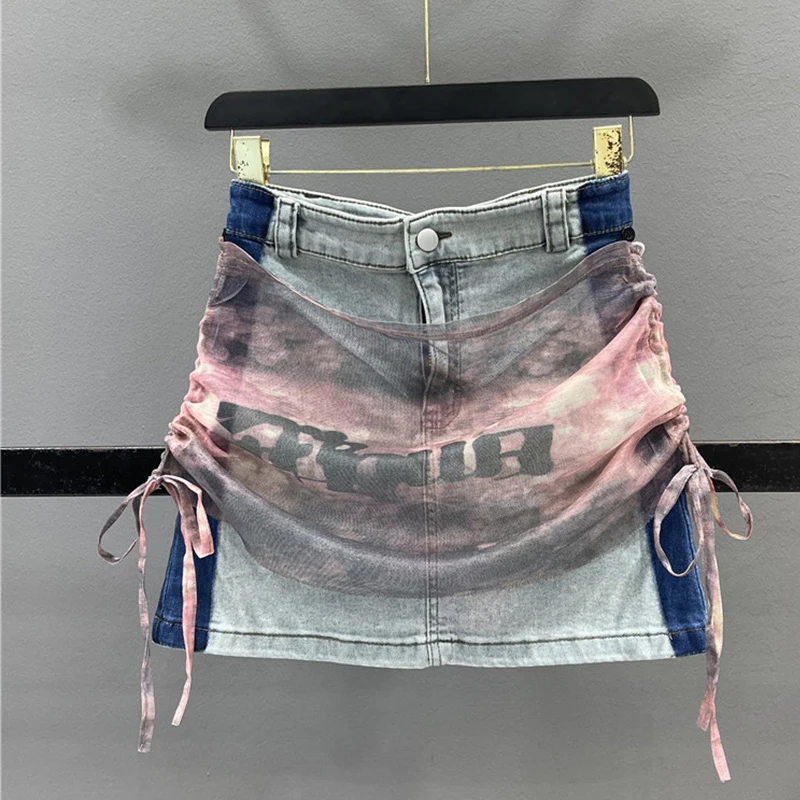 设计感可拆卸褶皱拼色牛仔半身裙女夏季辣妹洋气多巴安A字短裙女