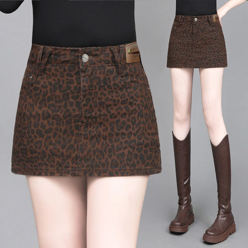 春秋季新款高腰a字包臀时尚百搭外穿辣妹豹纹牛仔短裙半身裙女