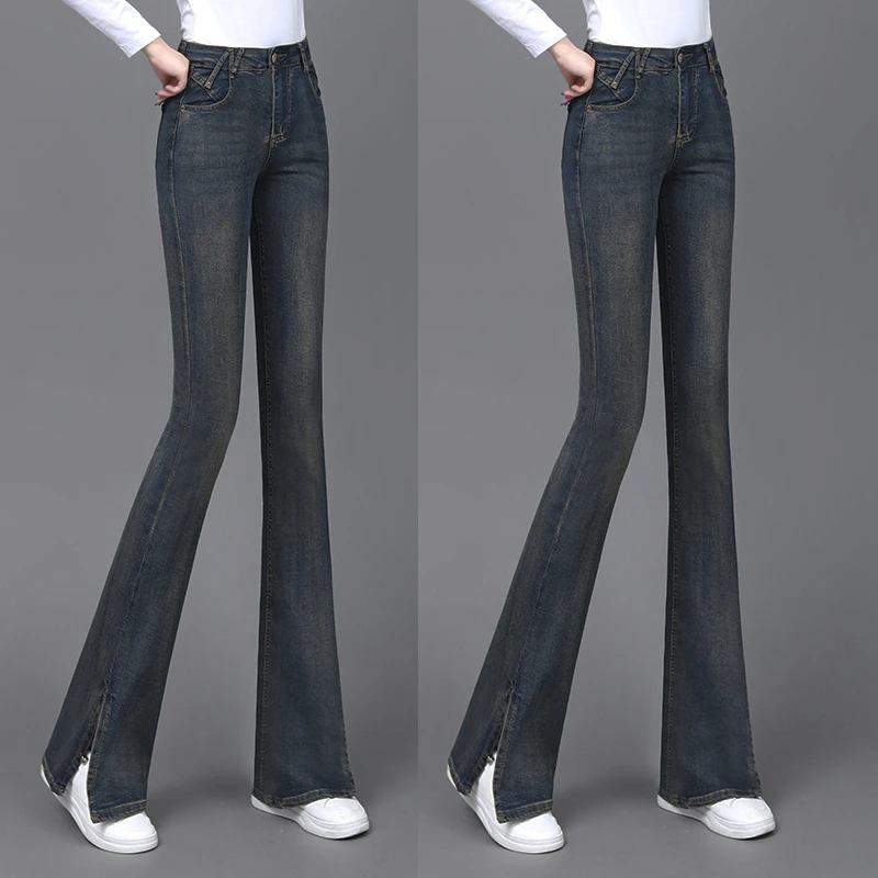 2025年早秋冬季水泥灰修身显瘦复古蓝高腰美拉德微喇叭开叉牛仔裤