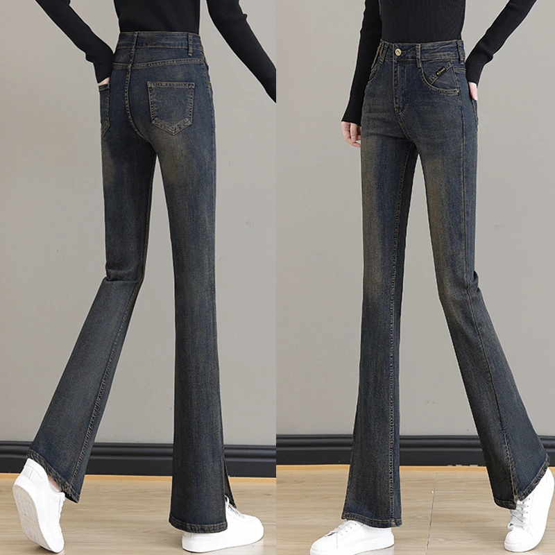 时尚洋气开叉微喇牛仔裤女2023年秋季新款修身高腰牛仔长裤韩版女
