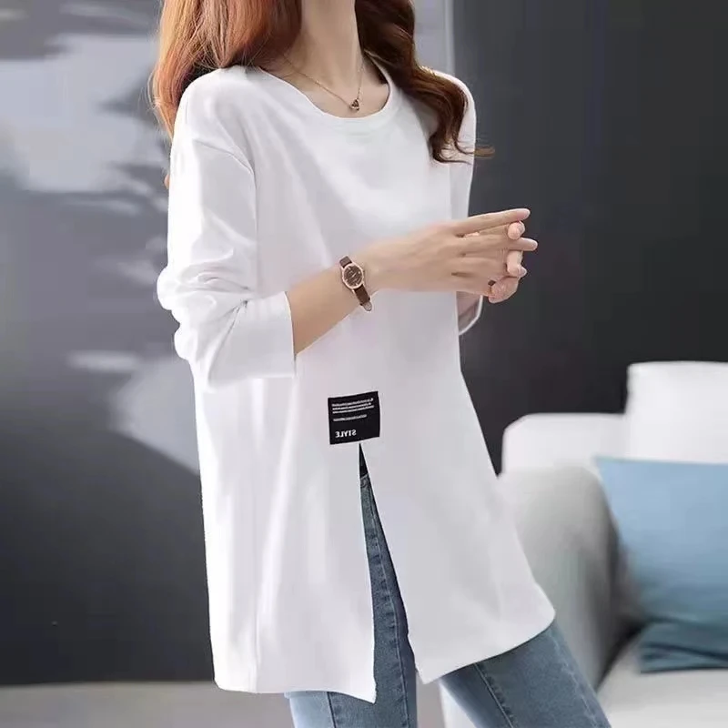 欧货白色纯棉长袖t恤女秋季新款宽松圆领印花内搭打底衫潮