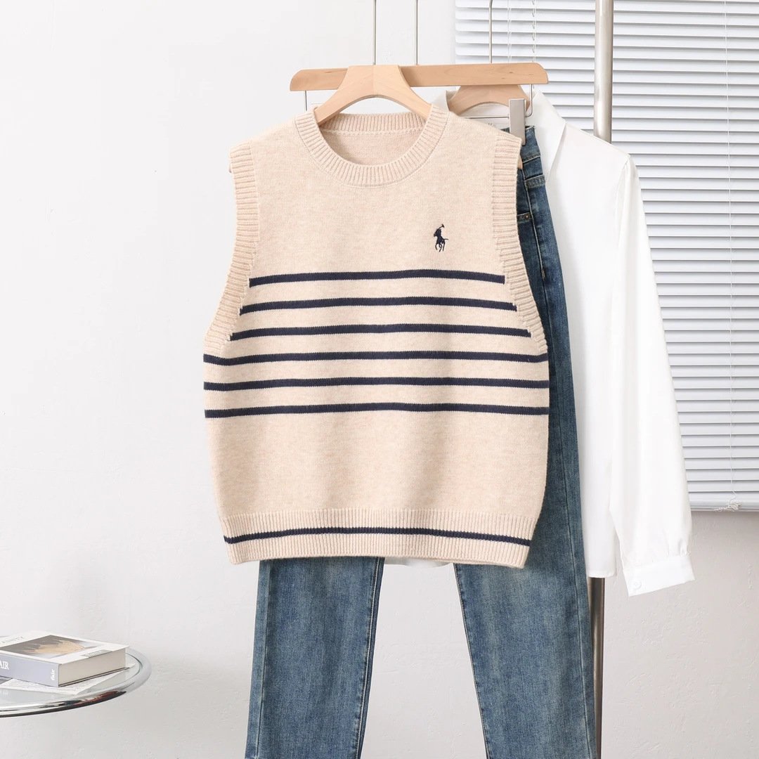 条纹刺绣针织时尚宽松秋冬套头洋气百搭圆领无袖休闲马甲外穿马夹