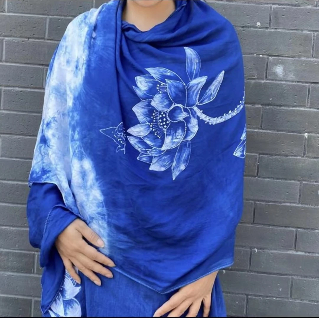 蜡染星辰新款原创个性纯手工植物染蜡染水波荷语披肩长款复古围巾