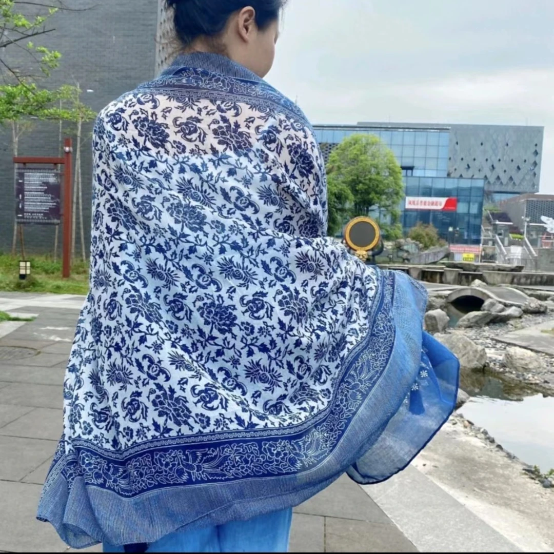 蜡染星辰新款秋冬纯手工植物染洋气民族风百搭披肩蓝色围巾外搭
