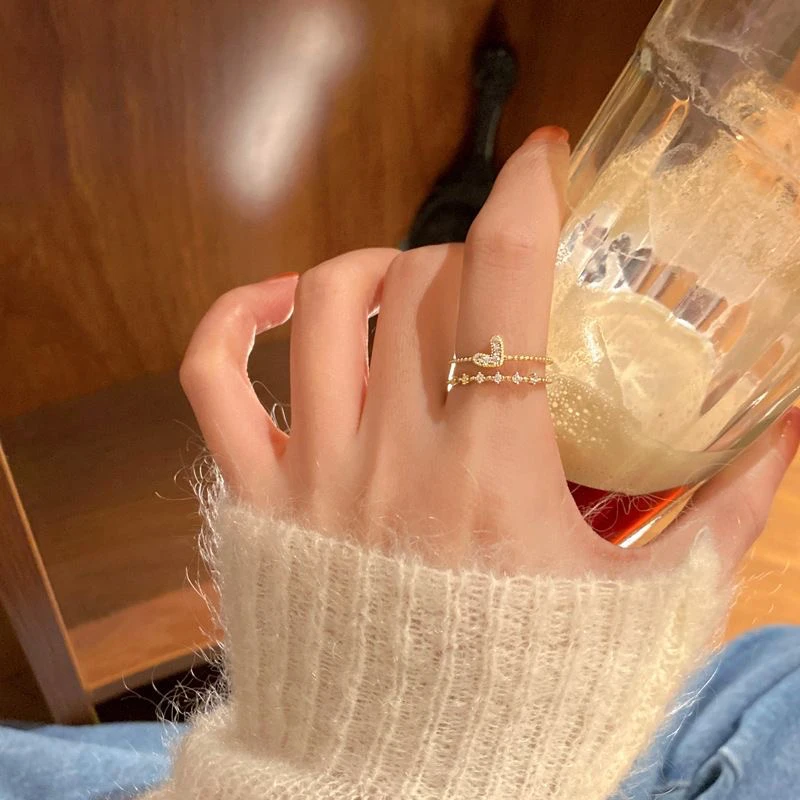 合金戒指 爱心双层锆石戒指女生小众设计高级感食指戒开口指环