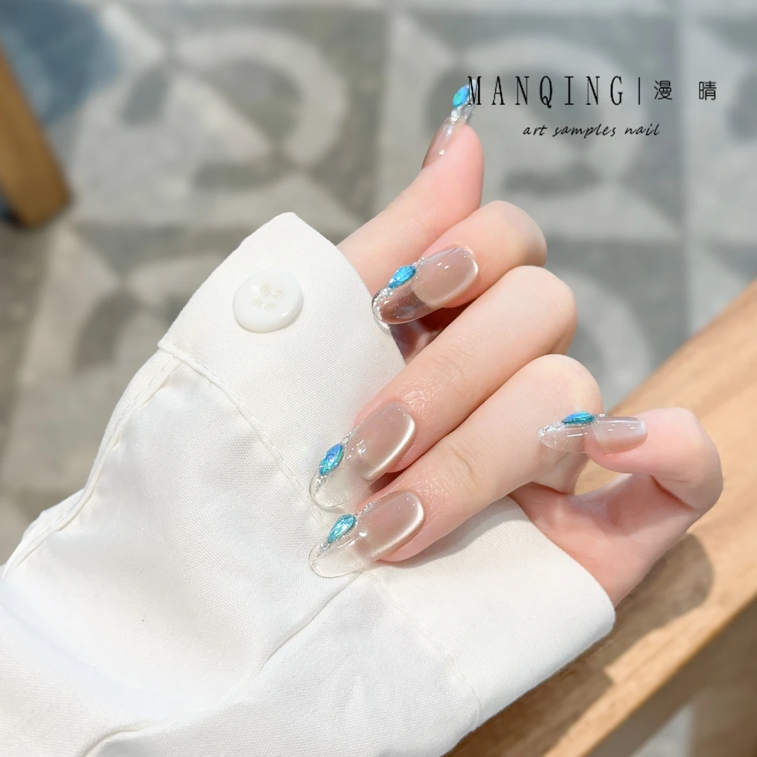 【孔雀蓝钻15】冰透款细腻猫眼孔雀蓝钻款人气纯手工穿戴甲美甲