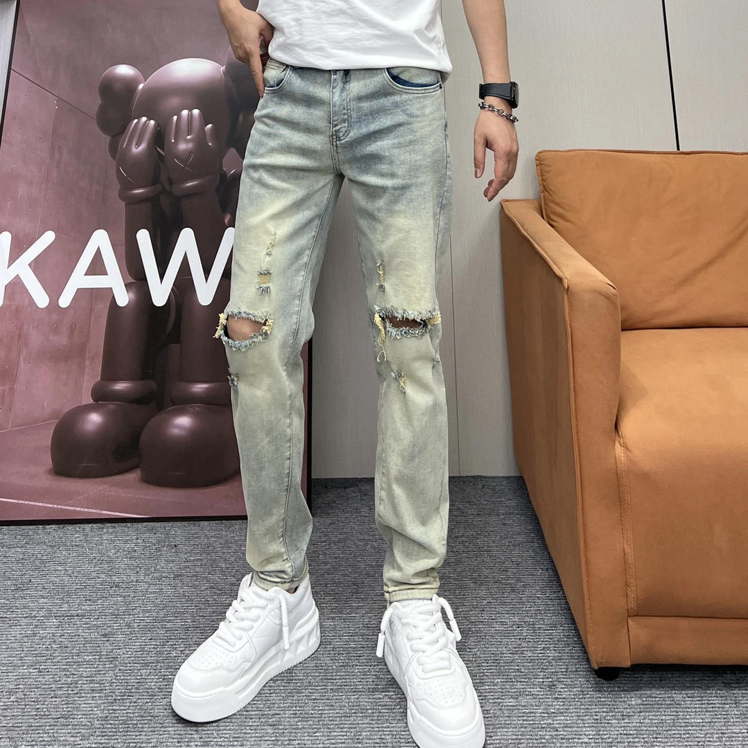 2025夏季新款潮流做旧美式休闲大破洞百搭高弹中腰小直筒牛仔裤男
