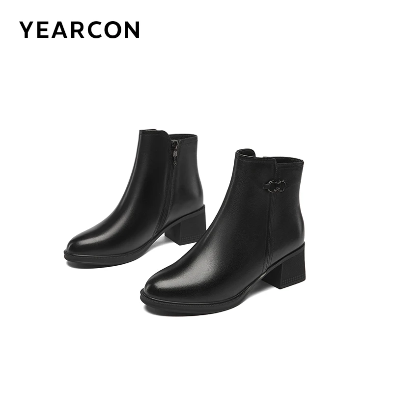 意尔康冬季新款时尚女靴百搭粗跟秋冬舒适女士简约高跟方头绒里