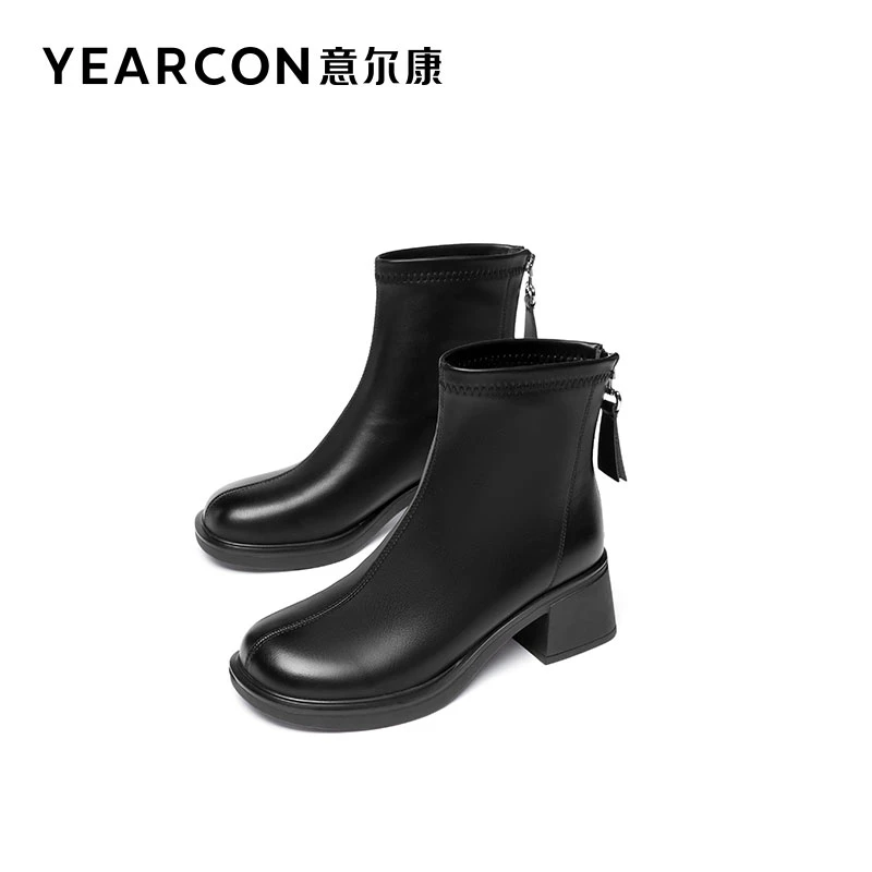 意尔康女鞋秋冬爆款时尚百搭圆头中跟骑士靴英伦风法式筒靴粗跟
