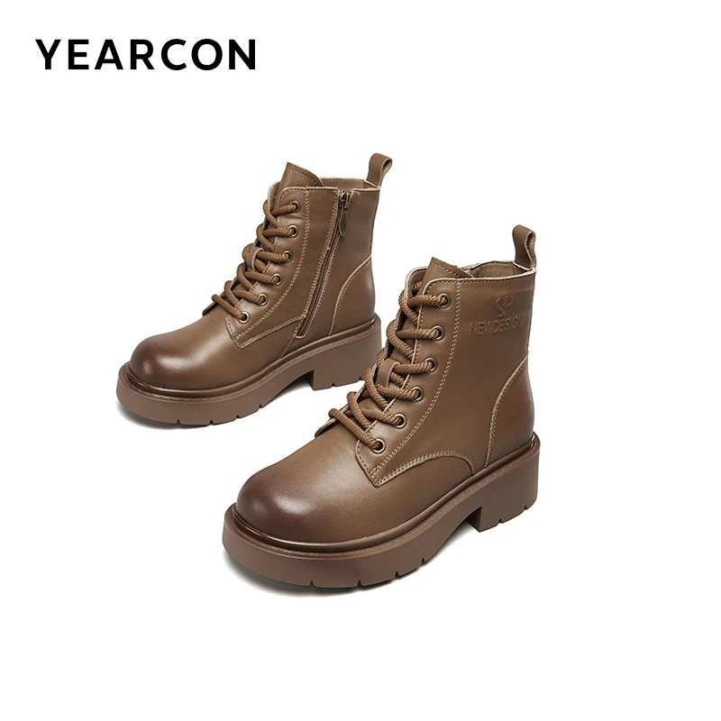 意尔康冬季新款时尚女靴百搭厚底英伦风系带休闲真皮加绒秋冬复古