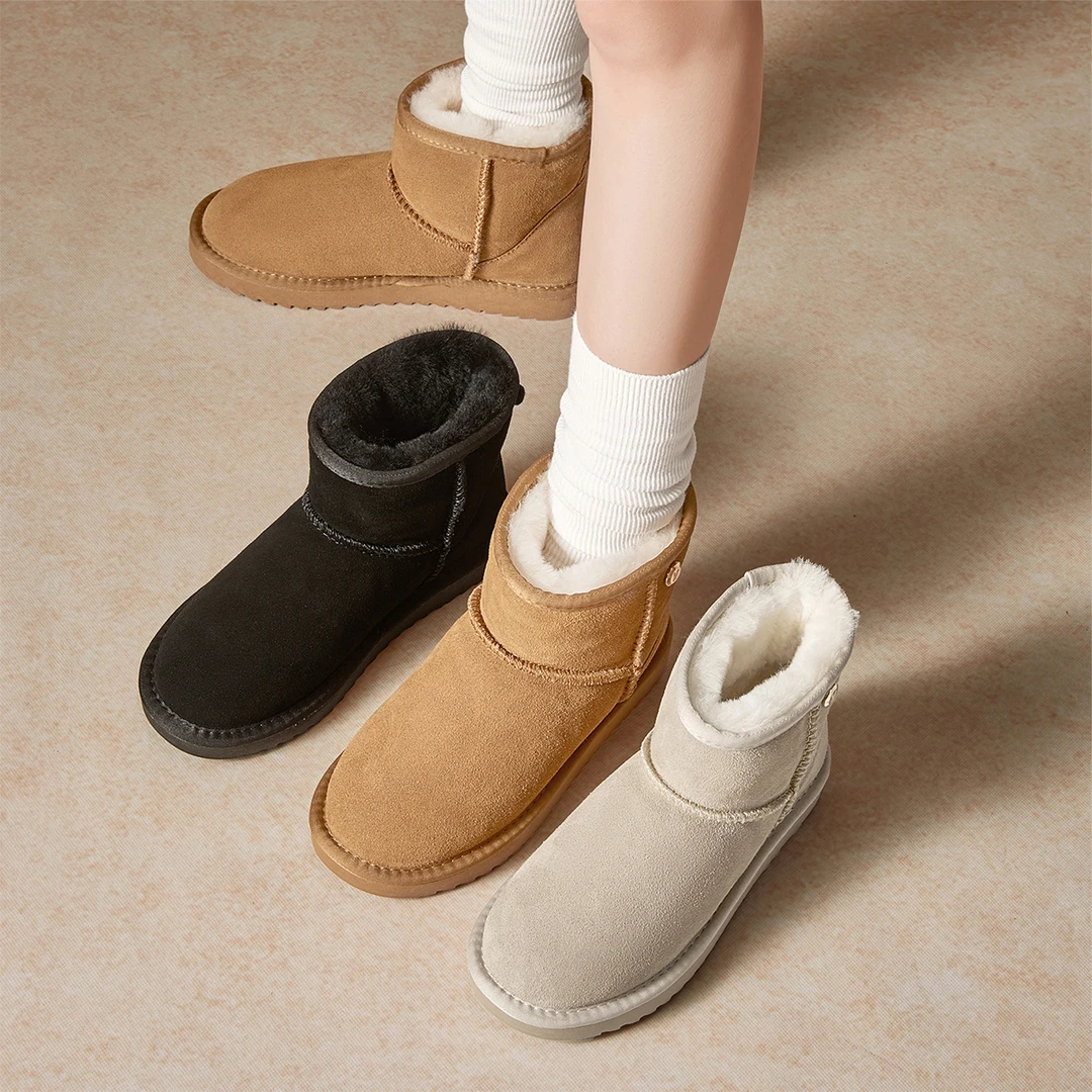 意尔康冬季新款真皮时尚百搭加绒雪地靴舒适保暖靴防滑雪地靴女款