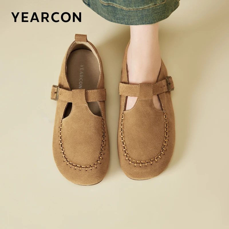 意尔康女鞋秋季新款时尚休闲百搭软底圆头真皮复古勃肯鞋乐福鞋