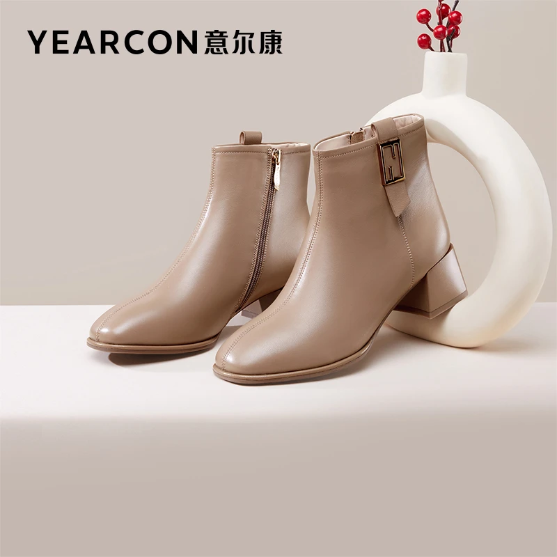 意尔康女鞋秋冬新款爆款时尚休闲百搭粗跟气质瘦瘦靴羊皮短靴靴子