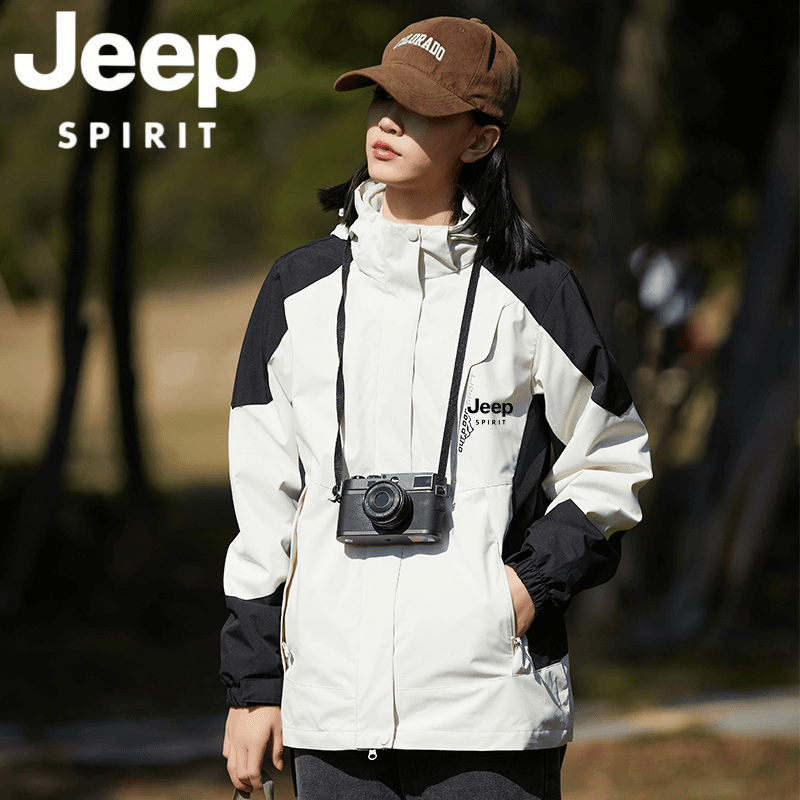 Jeep吉普【防风防水】户外冲锋衣登山夹克外套连帽运动拼色男女同款