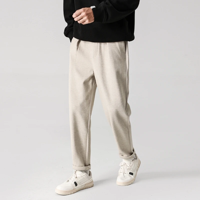 冬季毛呢休闲裤男宽松垂感百搭男士哈伦裤纯色百搭休闲阔腿长裤