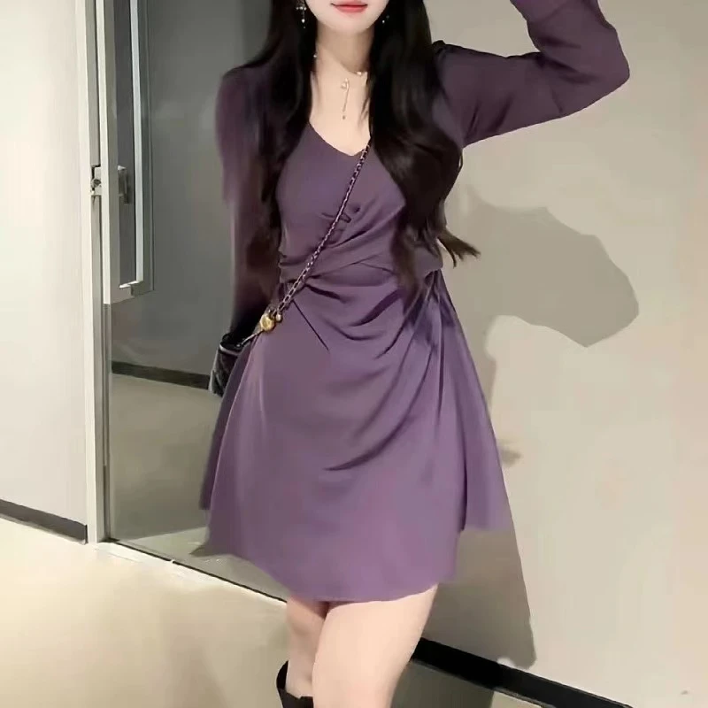 法式气质绑带长袖连衣裙女早秋春秋微胖收腰显瘦裙子上衣女-8325