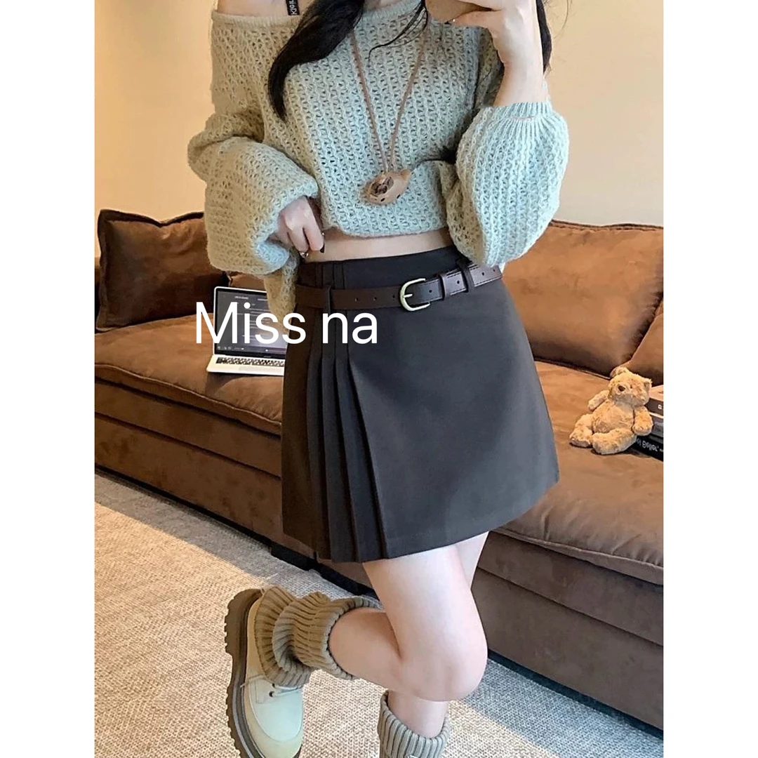 Miss na 5591 韩系半百褶细尼A字显瘦短裙（带内衬）