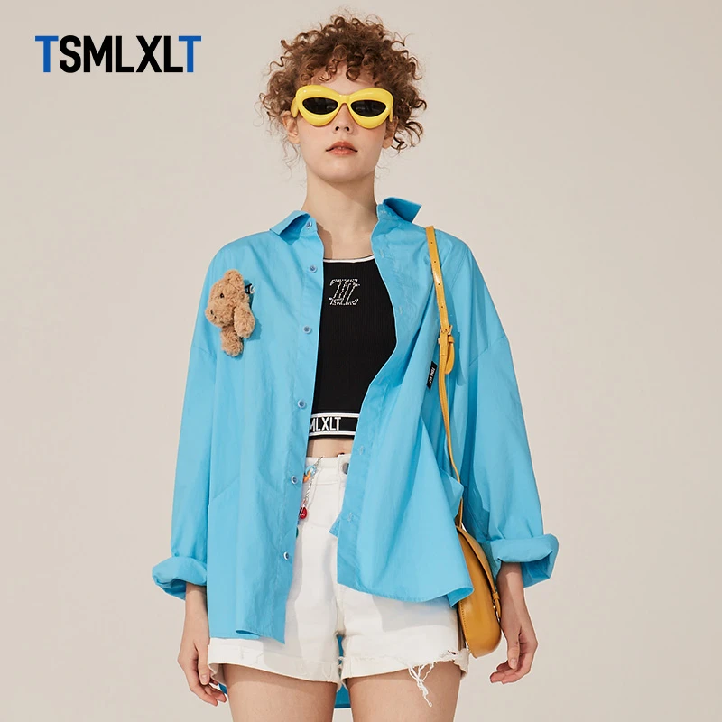 TSMLXLT TT潮牌2024新款春秋蓝色衬衫女休闲上衣宽松印花衬衣外套