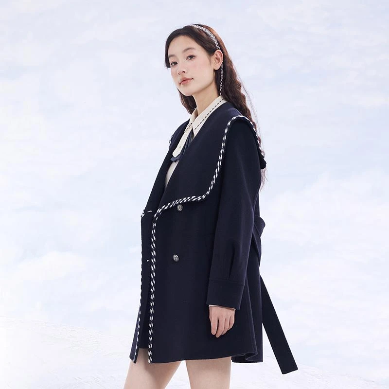 【秒杀价】pit海军风大翻领显瘦撞色复古风衣100绵羊毛外套女秋冬