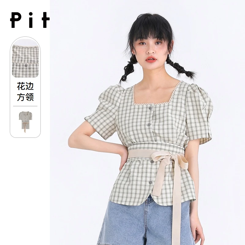 pit衬衫设计感女2023夏季新款泡泡袖方领格子法式上衣105A221310