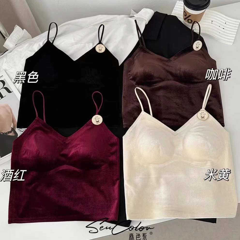 V领性感纯欲风早秋金丝绒美背背心带胸垫奢华设计感打底内搭显瘦