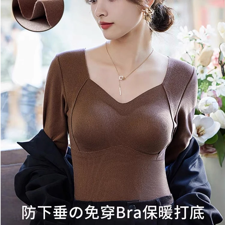 秋冬保暖背心德绒速暖蚕丝恒温打底衫加绒加厚长袖内搭修身无痕