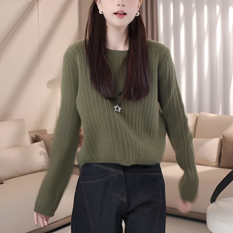 新时尚气质休闲显瘦半高领长袖修身套头打底纯色针织上衣女