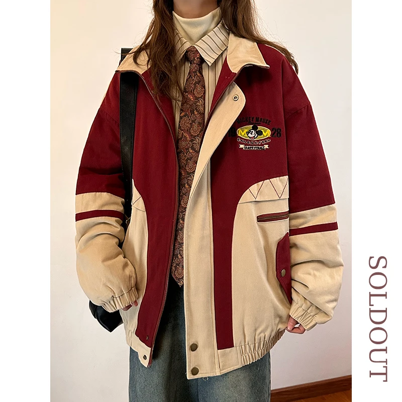 SOLDOUT原创美式复古趣味刺绣撞色夹克棉服女冬季宽松棉袄厚外套