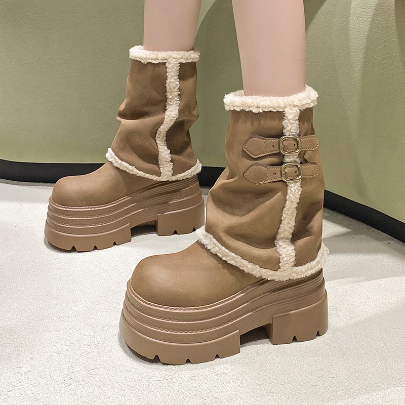 小个子中筒靴女2025新款冬季加绒厚底松糕雪地靴女增高毛毛马丁靴