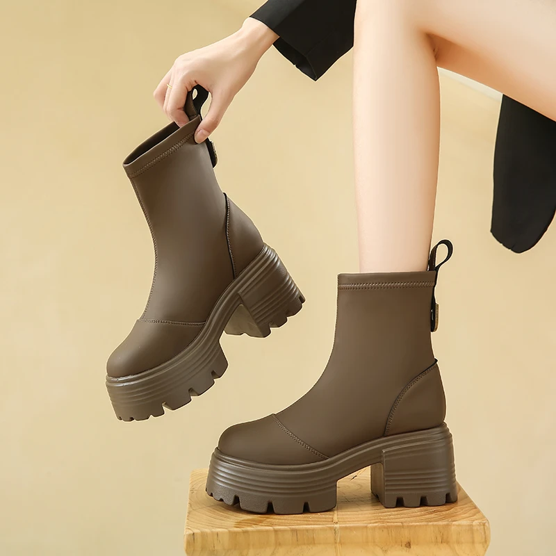 弹力瘦瘦靴女2023秋冬新款粗跟高跟小个子增高马丁靴英伦厚底短靴