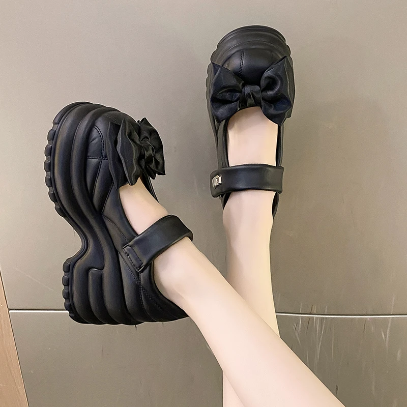 小个子玛丽珍单鞋女浅口2025春季新款蝴蝶结厚底增高黑色小皮鞋女